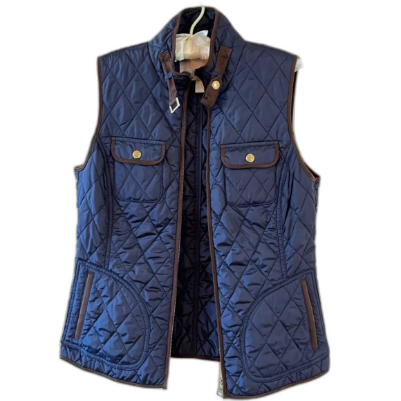 Banana Republic Vest Size M Blue Brown Trim Zip Up Quilted Pockets Women's - Picture 3 of 8